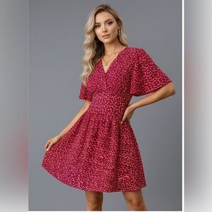Heart Pattern Ruffle Sleeve Dress Red